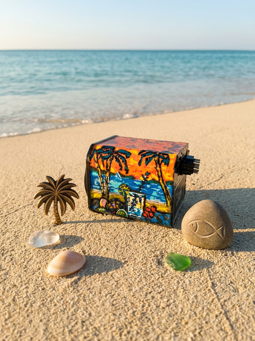 Aircraft instrument casing hand-painted with palms, sea and a cocktail glass under a sunset sky
