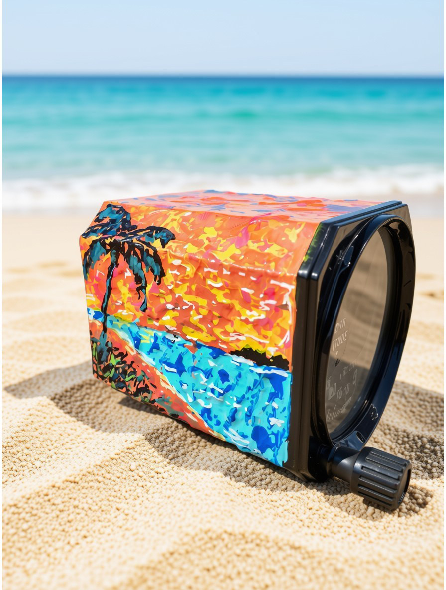 Aircraft altimeter dial reading Altitude, hand-painted with a tropical sunset and palms