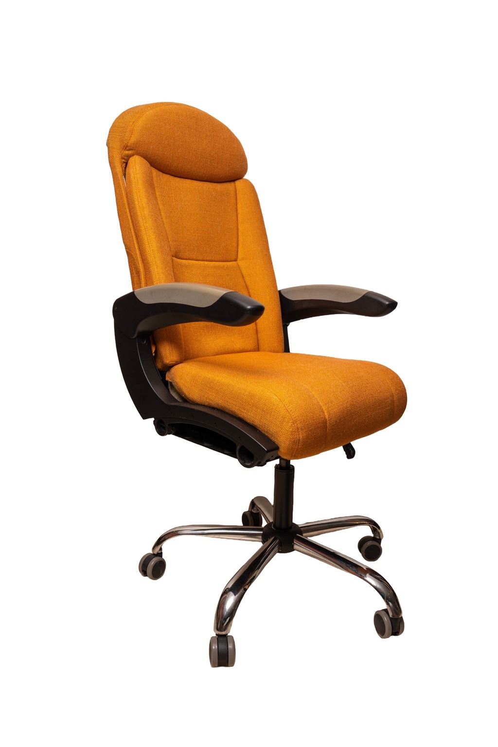 Executive office chair made from an aircraft passenger seat, front view